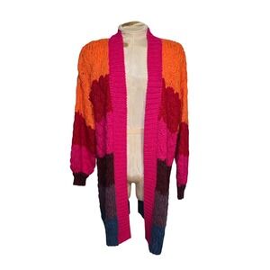 Farm Rio Striped Chunky Knit Wool Blend Long Open Front Cardigan Sweater Small
